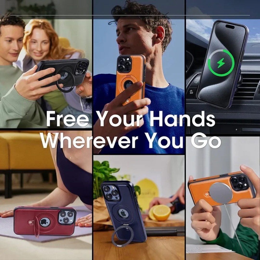 Premium Magnetic Leather iPhone Case with Kickstand & MagSafe
