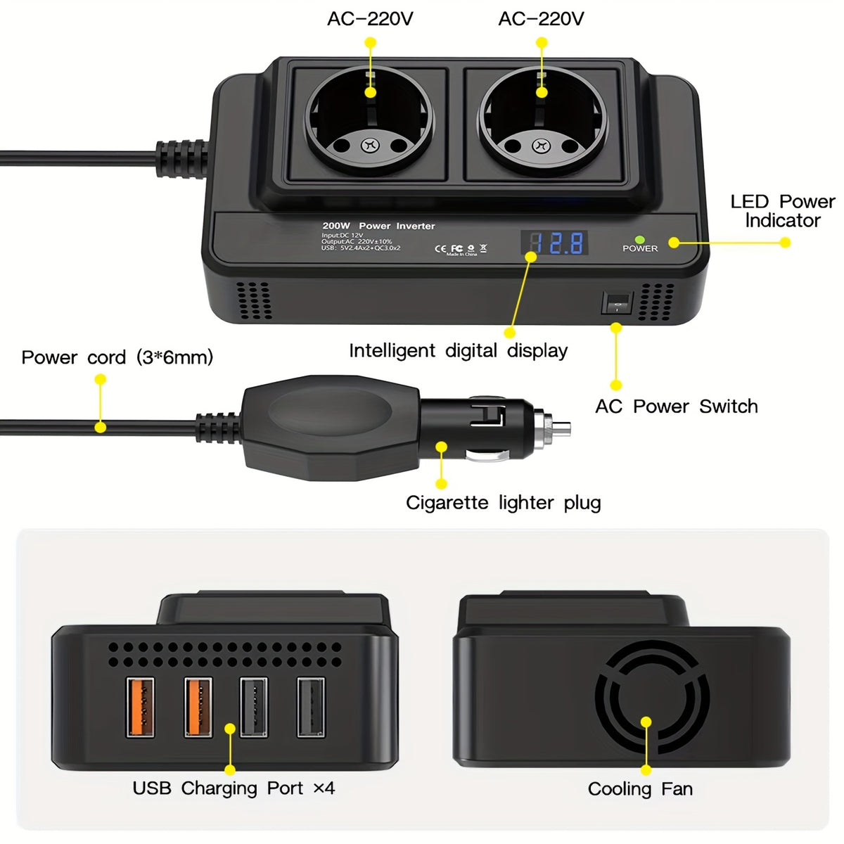 🔌 Power On the Go – Dual AC + 4 USB Car Power Inverter 200W