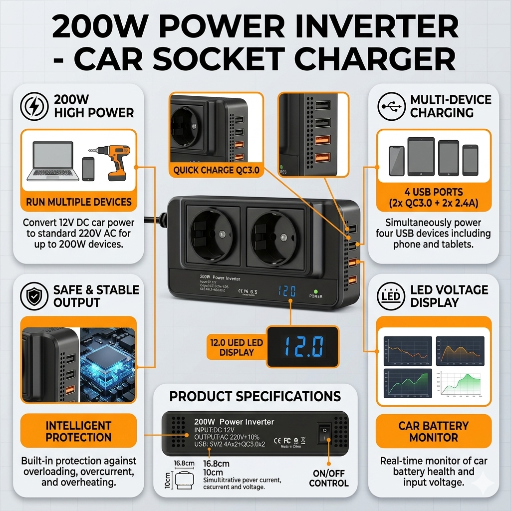 🔌 Power On the Go – Dual AC + 4 USB Car Power Inverter 200W