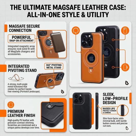 Premium Magnetic Leather iPhone Case with Kickstand & MagSafe
