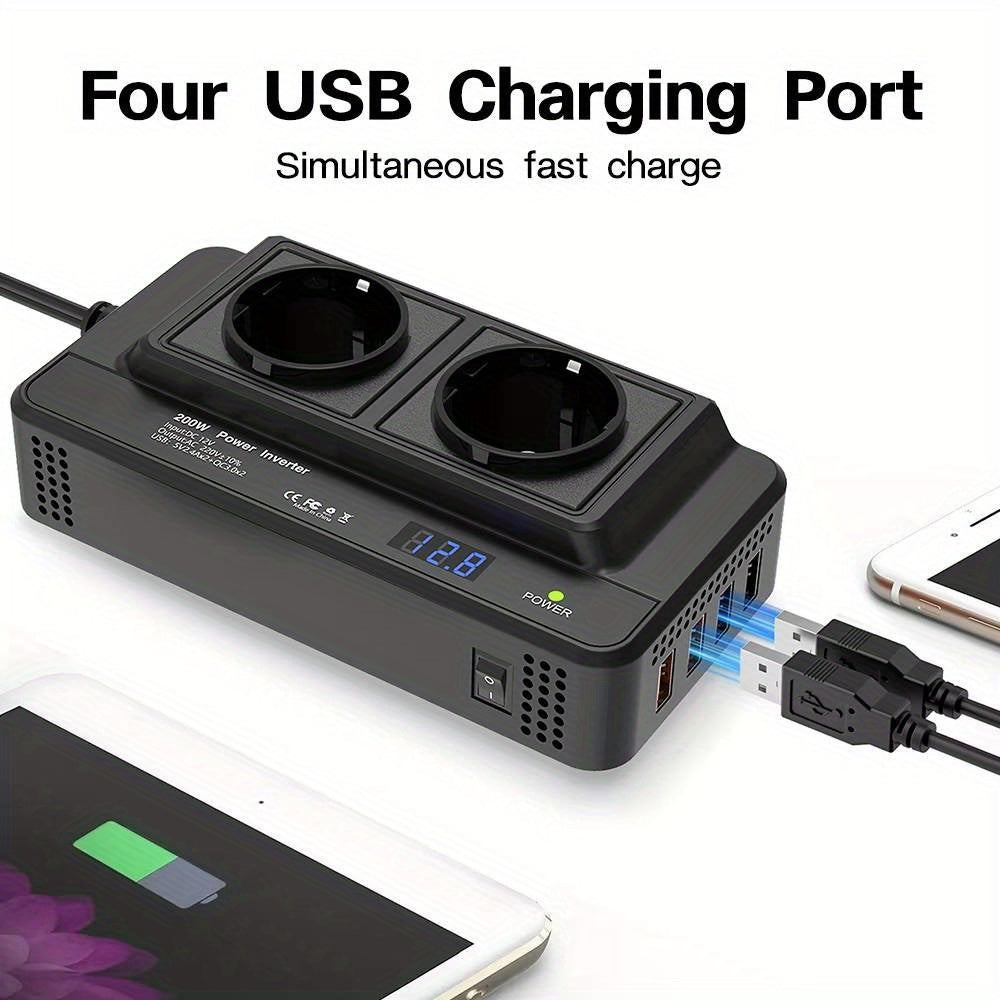 🔌 Power On the Go – Dual AC + 4 USB Car Power Inverter 200W