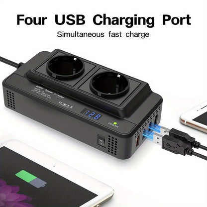 🔌 Power On the Go – Dual AC + 4 USB Car Power Inverter 200W